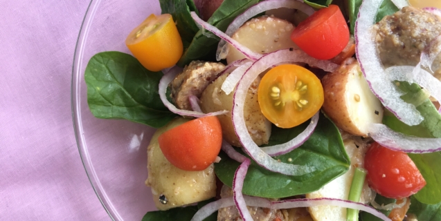 Grilled Sausage and Potato Salad  with Spinach, Red Onion, Brewmaster’s Mustard Vinaigrette